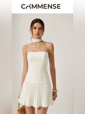 NWT Commense White Strapless Pleated Hem Mini Dress XS